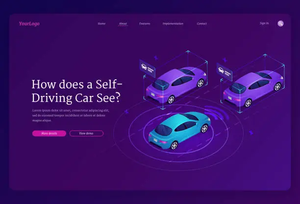 Vector illustration of Self driving car isometric landing page, vehicle