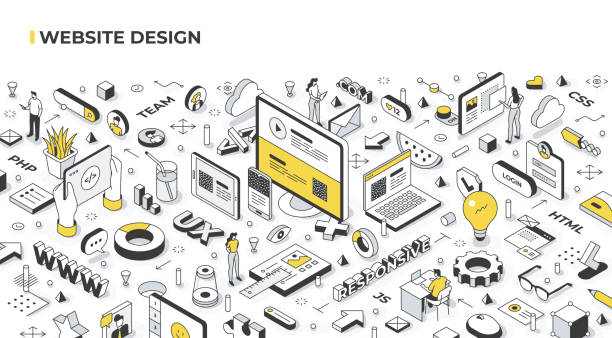 Website Design Isometric Banner Illustration - ilustração de arte vetorial