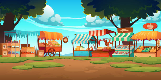 ilustrações de stock, clip art, desenhos animados e ícones de food market wooden stalls, traditional marketplace - farmers market illustrations