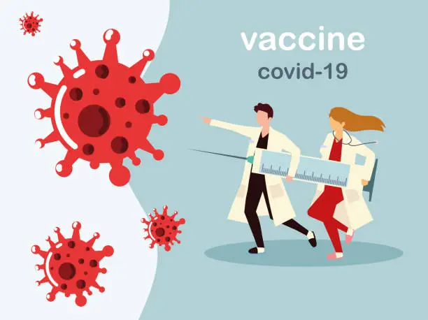 Vector illustration of woman and man doctors holds big syringe with vaccine, doctor prevents covid 19