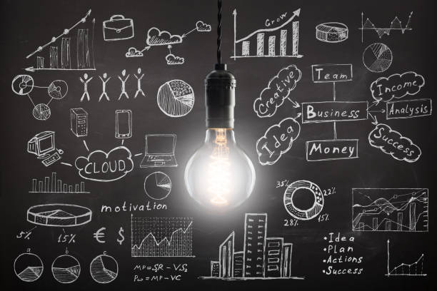 istock concept - sketch with schemes and graphs on chalkboard 1299740134