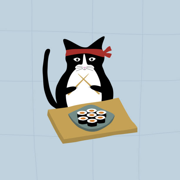 illustrations, cliparts, dessins animés et icônes de chat noir mignon avec des baguettes et l’assiette de sushi. chat kawaii. illustration japonaise traditionnelle. - eating utensil plate black background empty