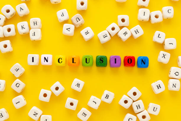 istock Inclusion text yellow background. Inclusive social concept. Wooden blocks, top view. 1299742913