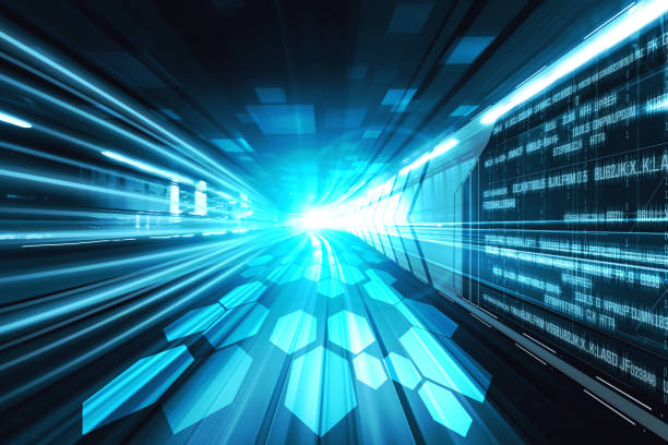istock Digital data flow on road with motion blur to create vision of fast speed transfer 1299742981
