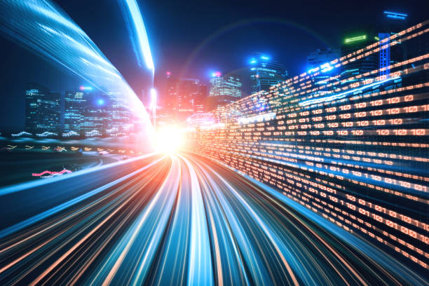 istock Digital data flow on road with motion blur to create vision of fast speed transfer 1299743067