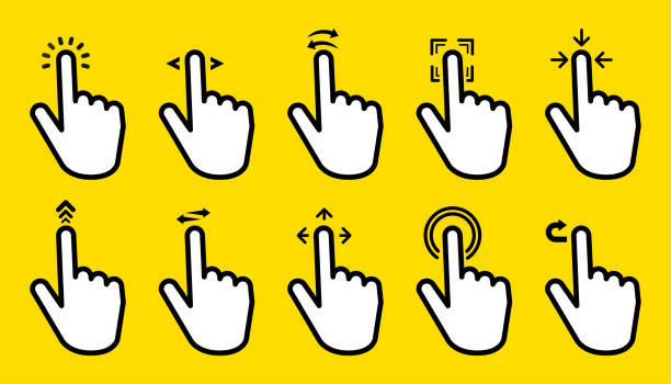 illustrazioni stock, clip art, cartoni animati e icone di tendenza di gesto della mano scorri le icone della grande collezione su sfondo giallo. illustrazione vettoriale. - doubles