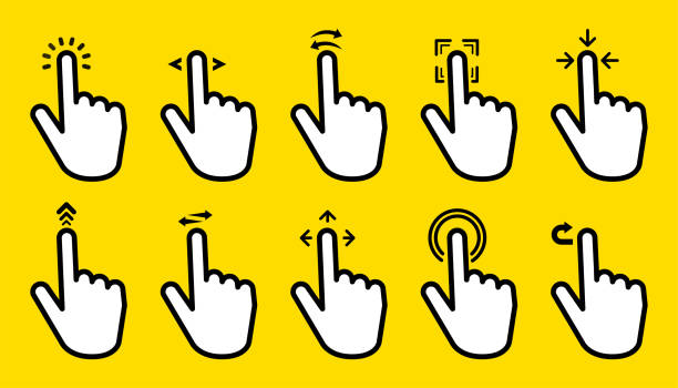 ilustrações de stock, clip art, desenhos animados e ícones de hand gesture swipe big collection icons on yellow background. vector illustration. - doubles