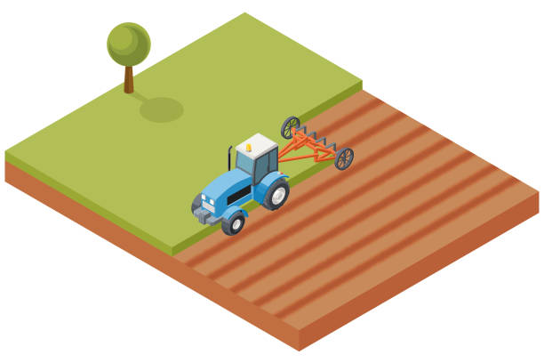 Agriculture Plough A tractor Plows the Field With a Plow. Isometric Vector Illustration. agricultural fields stock illustrations