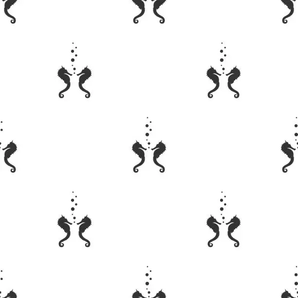 Vector illustration of Seamless pattern with black sea-horse or hippocampus on white background.
