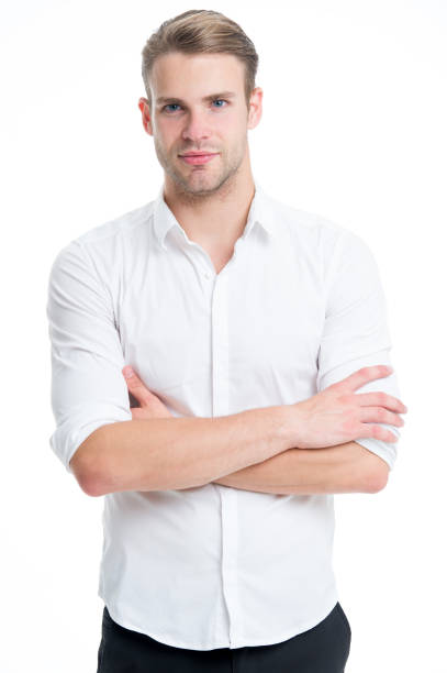 istock Menswear formal style. Guy handsome office worker. Working formal dress code. Clerical and middle chain management. White collar worker. Man well groomed formal elegant shirt white background 1299747789