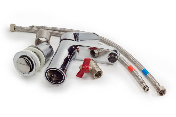 istock Single handle mixer tap, drain and hoses on white background 1299749202
