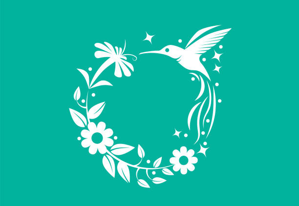 ilustraciones, imágenes clip art, dibujos animados e iconos de stock de colibrí con símbolo de flores - hojas volar eps