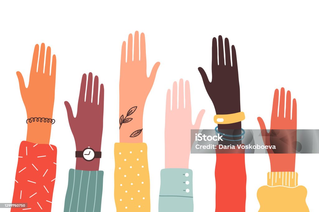 Las manos de un grupo diverso de personas juntas se levantaron. Concepto de apoyo y cooperación, poder femenino, comunidad social. - arte vectorial de Mano libre de derechos