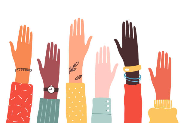 ilustraciones, imágenes clip art, dibujos animados e iconos de stock de las manos de un grupo diverso de personas juntas se levantaron. concepto de apoyo y cooperación, poder femenino, comunidad social. - hands