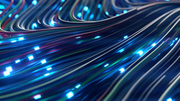 istock Bundles of abstract optical fiber lines. Bright light signals quickly transmit data for high speed internet connection. Technology and internet concept. 3d illustration 1299751187