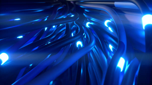 istock Bundles of abstract optical fiber lines. Bright light signals quickly transmit data for high speed internet connection. Technology and internet concept. 3d illustration 1299751193