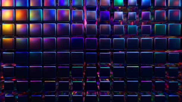 istock Abstract 3d render with cubes in neon light. Nice waves footage. Violet spheres moving like waves on dark background. 3d illustration 1299751213