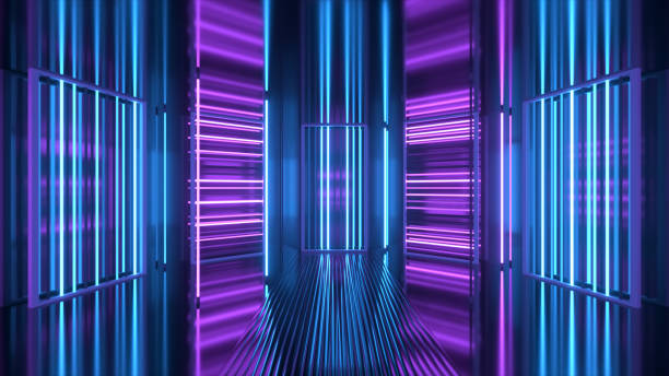 Neon background. Purple and blue neon background appears and disappears. Bright live neon background. Metallic room. 3d illustration Neon background. Purple and blue neon background appears and disappears. Bright live neon background. Metallic room. 3d illustration vj loop stock pictures, royalty-free photos & images