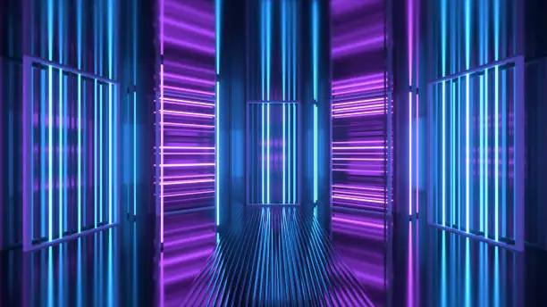 Photo of Neon background. Purple and blue neon background appears and disappears. Bright live neon background. Metallic room. 3d illustration