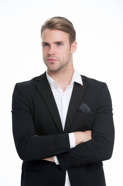 istock He is on style. Man well groomed unbuttoned white collar stylish formal suit isolated white background. Macho confident perfect outfit handkerchief pocket. Guy office worker handsome stylish outfit 1299752060