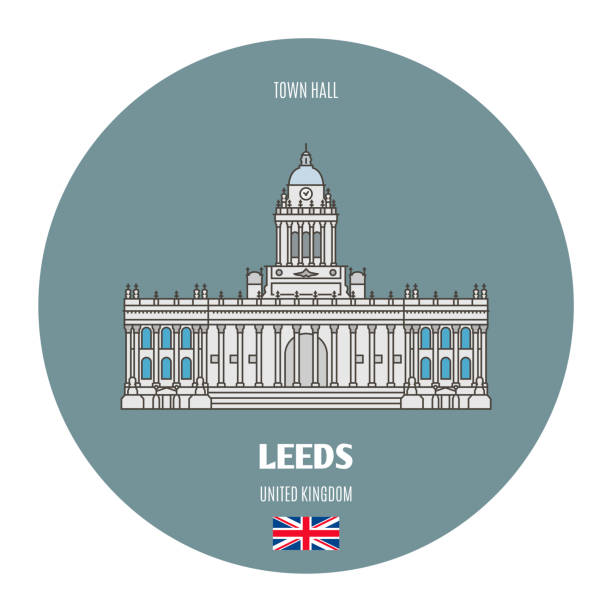 illustrazioni stock, clip art, cartoni animati e icone di tendenza di municipio di leeds, regno unito. simboli architettonici delle città europee - leeds england leeds town hall town uk