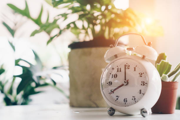 enfoque selectivo del reloj despertador mostrar 8 en punto u 8 a.m. en la mesa con fondo bokeh de la naturaleza. concepto de tiempo en la vida. - 8 oclock fotografías e imágenes de stock