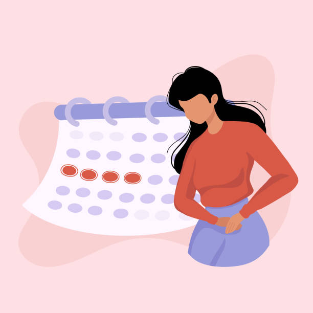 Unwell Woman suffering from stomachache, abdominal pain. Female period problems. Girl having period, premenstrual syndrome, PMS, menstruation, calendar. Unwell Woman suffering from stomachache, abdominal pain. Female period problems. Girl having period, premenstrual syndrome, PMS, menstruation, calendar. pms stock illustrations