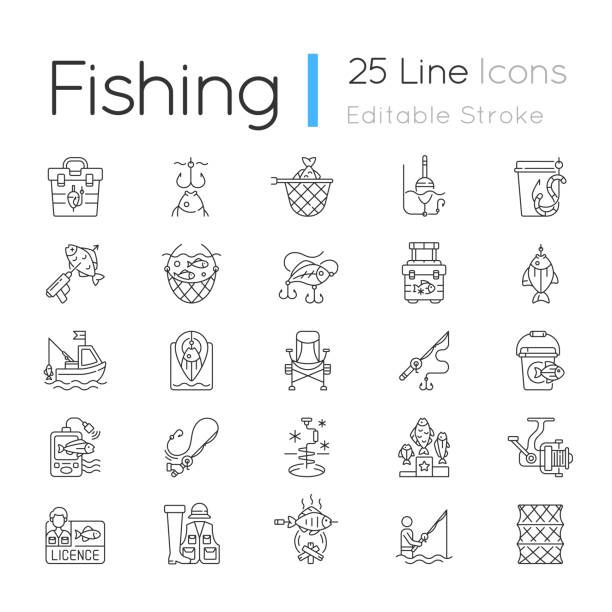 Fishing equipment linear icons set Fishing equipment linear icons set. cooking freshly caught fish. Fish finder, Fishing tournament. Customizable thin line contour symbols. Isolated vector outline illustrations. Editable stroke fishing industry stock illustrations