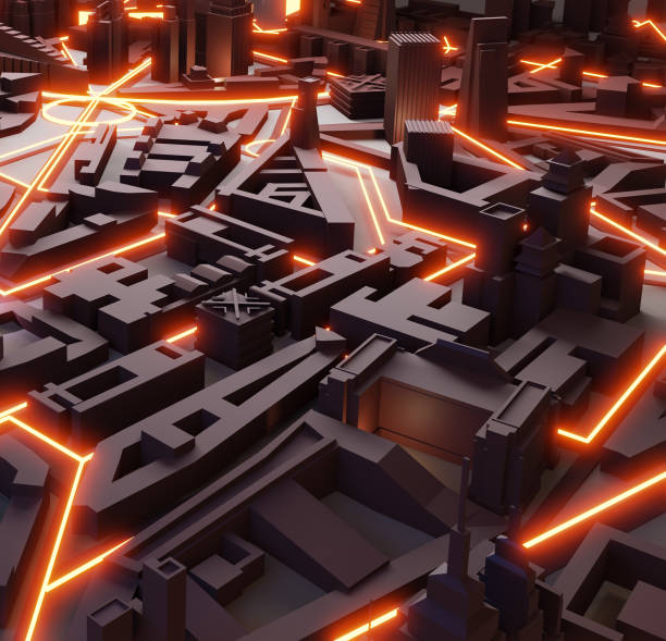 istock 3D Render abstract modern city with neon street lines representing transport, network connections. Business, technology, modern life concept illustration 1299754277