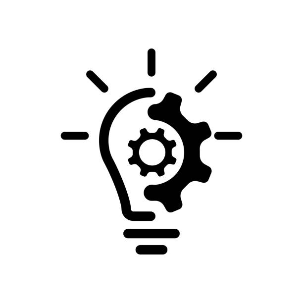 значок линии творческой идеи. лампа с значок передач. иллюстрация вектора мозга в лампочке. тонкий знак инноваций, решения, логотип образов� - новшество stock illustrations