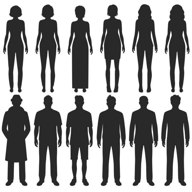 standing people silhouettes vector group of standing people silhouettes, sport business and fashion persons woman silhouette stock illustrations