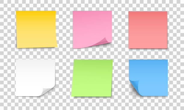 노트 용지 세트의 컬러 시트. 컬과 그림자가 있는 끈적끈적한 노트 컬렉션. 메시지에 대한 사실적인 종이 스티커. 광고 및 홍보를 위한 디자��인 요소. - adhesive note note pad paper yellow stock illustrations