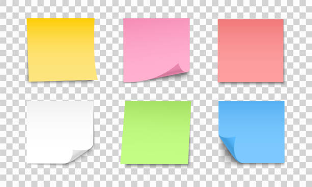 ilustrações, clipart, desenhos animados e ícones de folhas coloridas de papéis de notas definidas. coleção de notas pegajosas com cacho e sombra. adesivos de papel realistas para sua mensagem. elemento de design para publicidade e promoção. - e mail