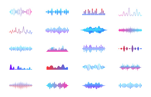 Sound waves set. Modern sound equalizer. Radio wave icons. Volume level symbols. Music frequency. Abstract digital equalizers for music app. Vector illustration.