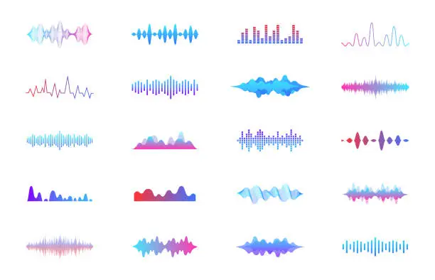 Vector illustration of Sound waves set. Modern sound equalizer. Radio wave icons. Volume level symbols. Music frequency. Abstract digital equalizers for music app. Vector illustration.