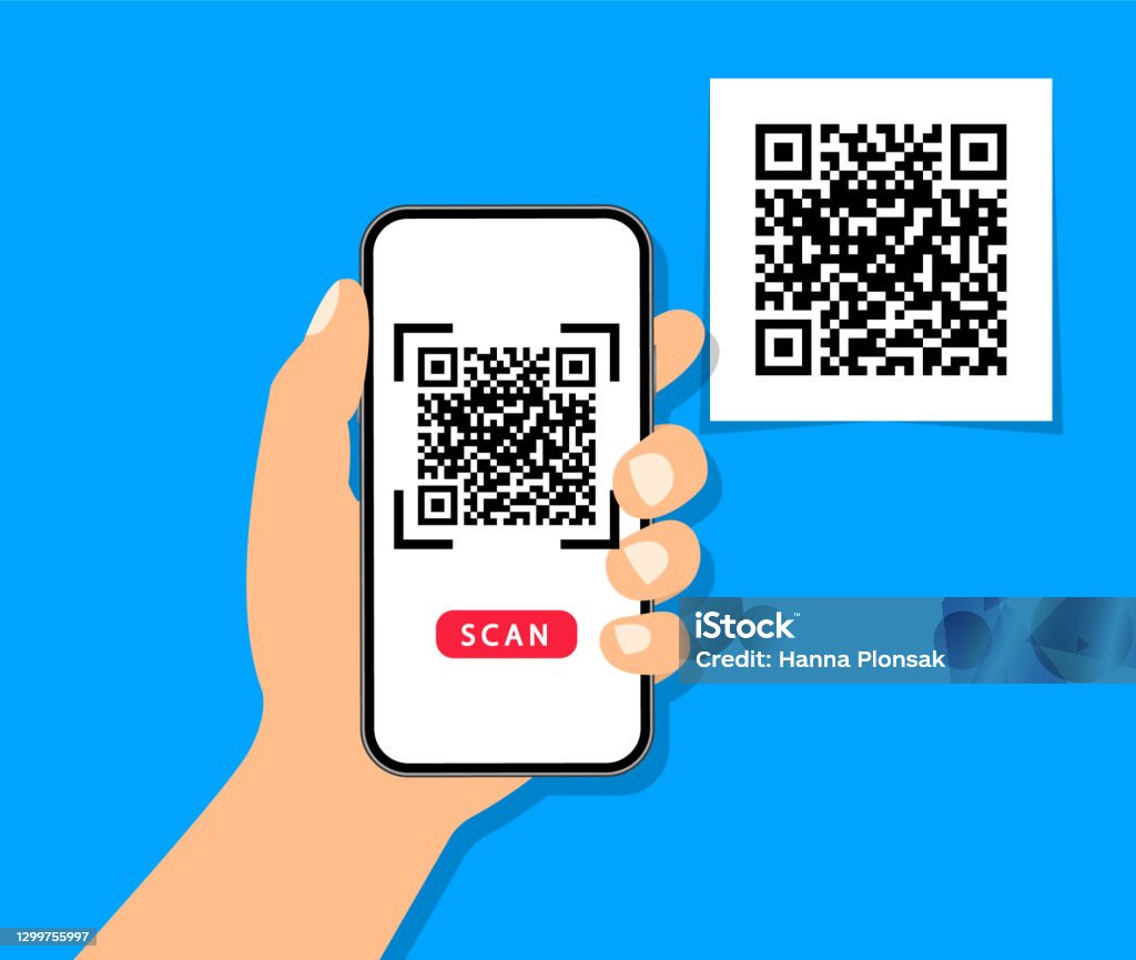 QR code scan to smartphone. Qr code for payment. Mobile phone scanning QR-code. Verification. Vector illustration. ATM stock vector