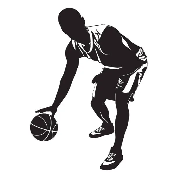 Vector illustration of Professional basketball player silhouette with ball, vector illustration. Basketball dribbling skills.