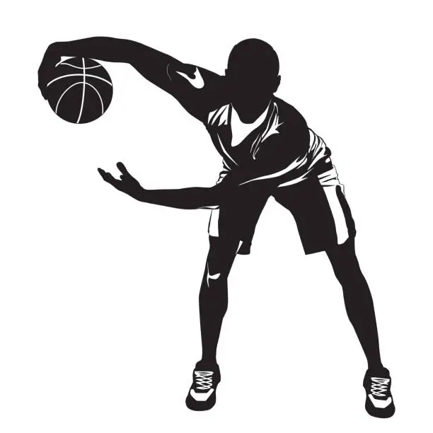 Vector illustration of Professional basketball player silhouette with ball, vector illustration. Basketball dribbling skills, moves, tricks.