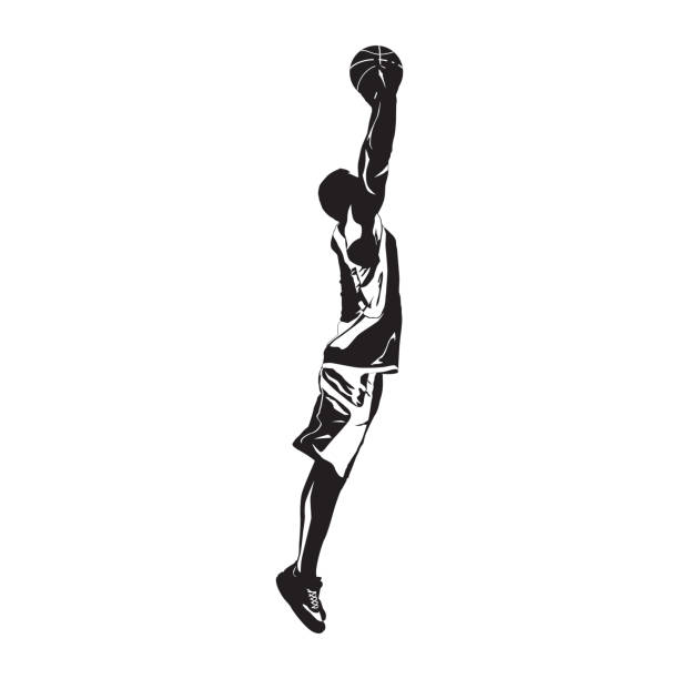 Professional basketball player silhouette jumping and shooting ball into the hoop, vector illustration Basketball skill and shooting technique. Young man athlete, professional basketball player silhouette jumping and shooting ball into the hoop, vector illustration. Sport and healthy lifestyle. silhouette of basketball player slam dunk stock illustrations