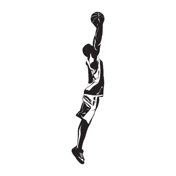 Vector illustration of Professional basketball player silhouette jumping and shooting ball into the hoop, vector illustration