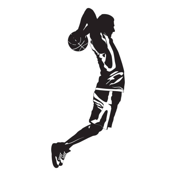 illustrazioni stock, clip art, cartoni animati e icone di tendenza di giocatore di basket professionista silhouette palla da tiro nel cerchio, illustrazione vettoriale. tecnica di tiro a schiacciata slam - basketball slam dunk basketball hoop sport
