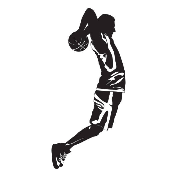 Professional basketball player silhouette shooting ball into the hoop, vector illustration. Slam dunk shooting technique Young man athlete, professional basketball player silhouette shooting ball into the hoop jumping in the air, vector illustration. Sport and healthy lifestyle. Slam dunk. Basketball shooting technique. silhouette of basketball player slam dunk stock illustrations