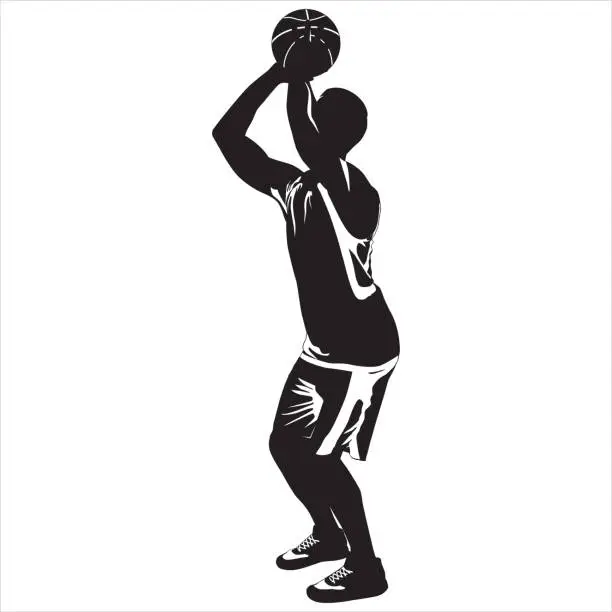 Vector illustration of Professional basketball player silhouette shooting ball into the hoop, vector illustration