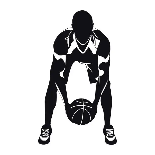 Vector illustration of Professional basketball player silhouette with ball, vector illustration. Basketball dribbling skills, moves, tricks.