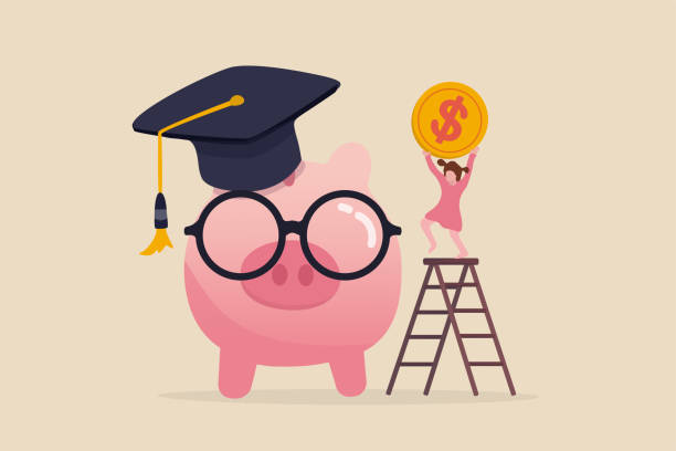 School or education fund, financial planning for kid school or college budget and scholarship concept, cute girl holding big coin putting in pink piggy bank wearing eyeglasses and graduation cap. School or education fund, financial planning for kid school or college budget and scholarship concept, cute girl holding big coin putting in pink piggy bank wearing eyeglasses and graduation cap. expense illustrations stock illustrations