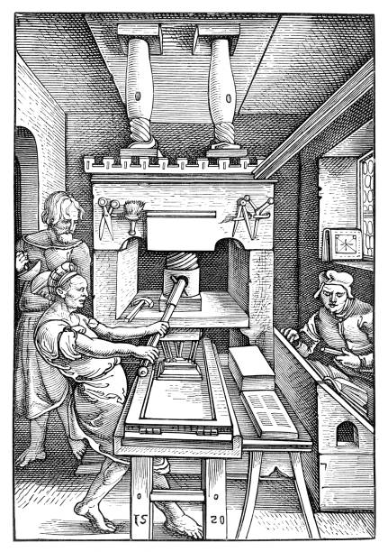 человек, работающий на печать letterpress 1520 - working illustration and painting engraving occupation stock illustrations