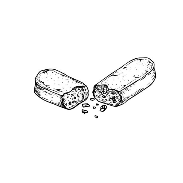 ilustrações, clipart, desenhos animados e ícones de biscoito savoiardi em estilo esboço. metade com desmoronamentos. ingrediente tiramisu de sobremesa italiano desenhado à mão. doce tradicional italiano. ilustração do vetor isolada em fundo branco. - biscotti italian culture cookie restaurant