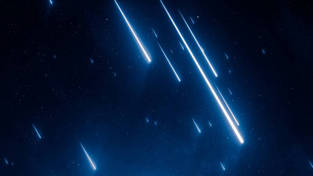 istock Night starry sky. Meteor shower, abstract space background. Falling bright stars, speed of light, comets, beautiful galaxy, neon glowing rays. 3d rendering 1299759530