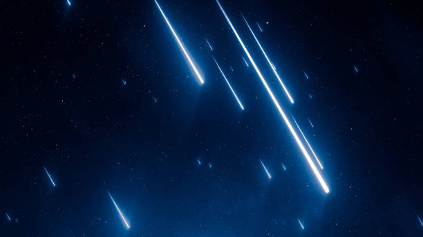 Night starry sky. Meteor shower, abstract space background. Falling bright stars, speed of light, comets, beautiful galaxy, neon glowing rays. 3d rendering Night starry sky. Meteor shower, abstract background meteor shower stock pictures, royalty-free photos & images