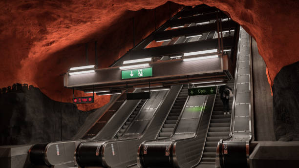 View of artistically decorated escalators in an underground station